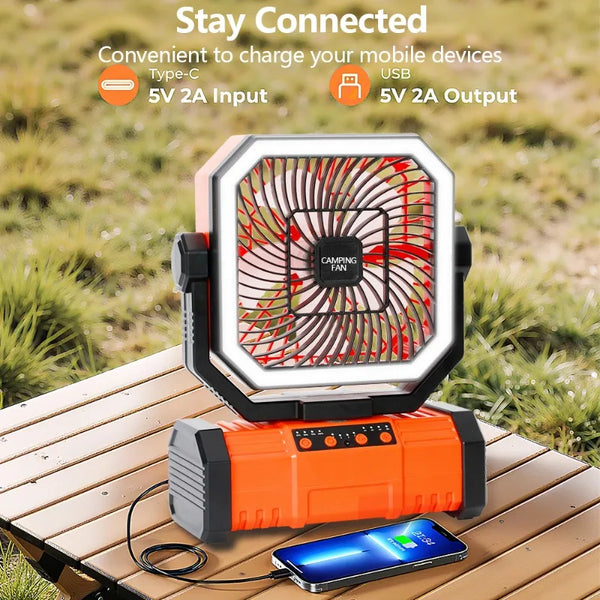 20000mAh Rechargeable Camping Fan with LED Lights & Hook – 2025 Viral Portable Tent Fan for Outdoor, Patio, Power Outage & Hurricane Emergency