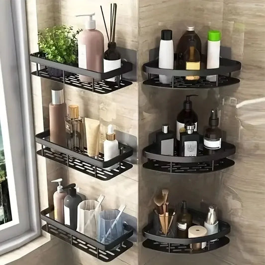 2025 Viral Bathroom Corner Storage Rack - Seamless No-Drill Black Aluminum Shelf Dazzle Organizer