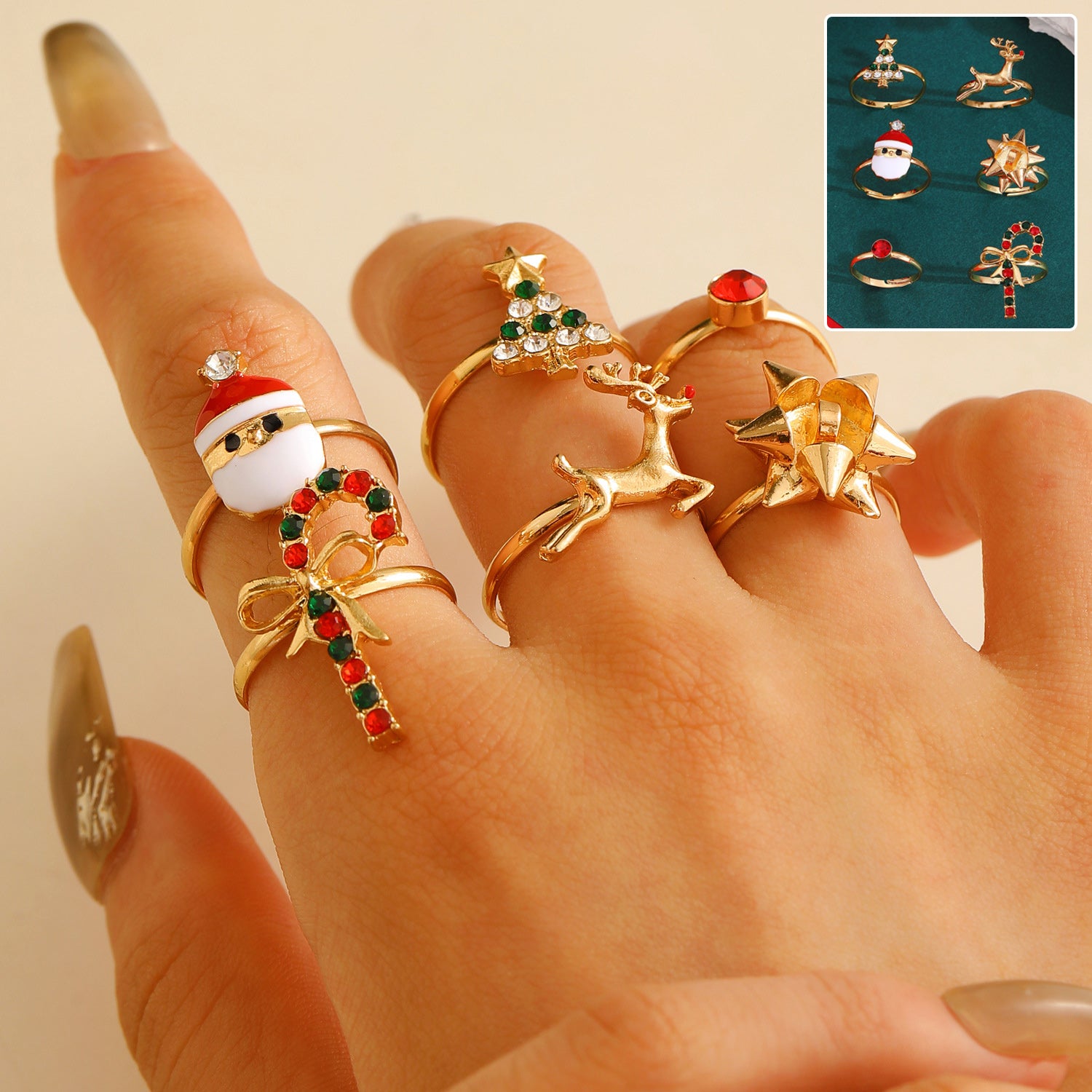6pcs Santa Claus Christmas Tree Elk Rings Cute Cartoon Christmas Open Adjustable Ring Oil Drop Jewelry kfghf899 Store