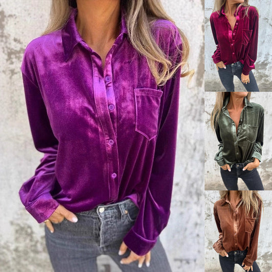 Women's Velvet Long-sleeved Single-breasted Shirt Casual Lapel Long Sleeve Solid Color Tops Daily Wear