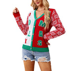Christmas Sweater Red Casual Letter Jacquard V-neck Knitted Cardigan Dazzle Frenzy