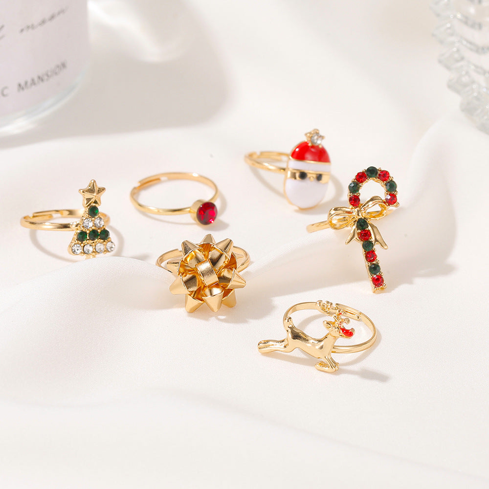 6pcs Santa Claus Christmas Tree Elk Rings Cute Cartoon Christmas Open Adjustable Ring Oil Drop Jewelry kfghf899 Store