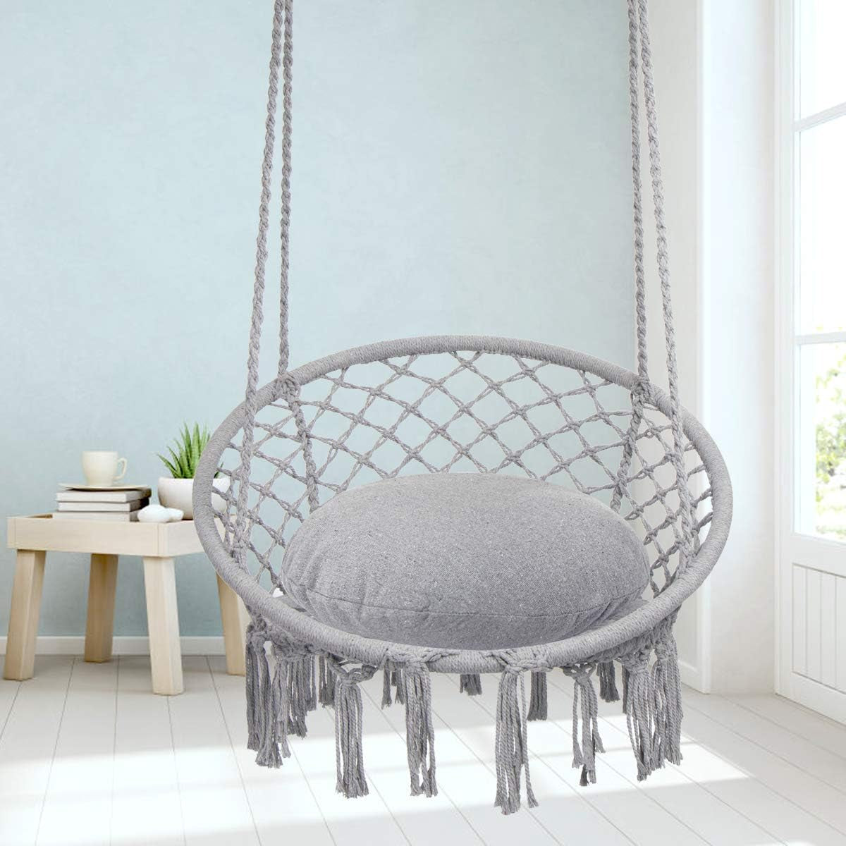 2025 Viral Macrame Hammock Chair Swing - Bohemian 330lbs Cotton Rope Hanging Chair Light Grey