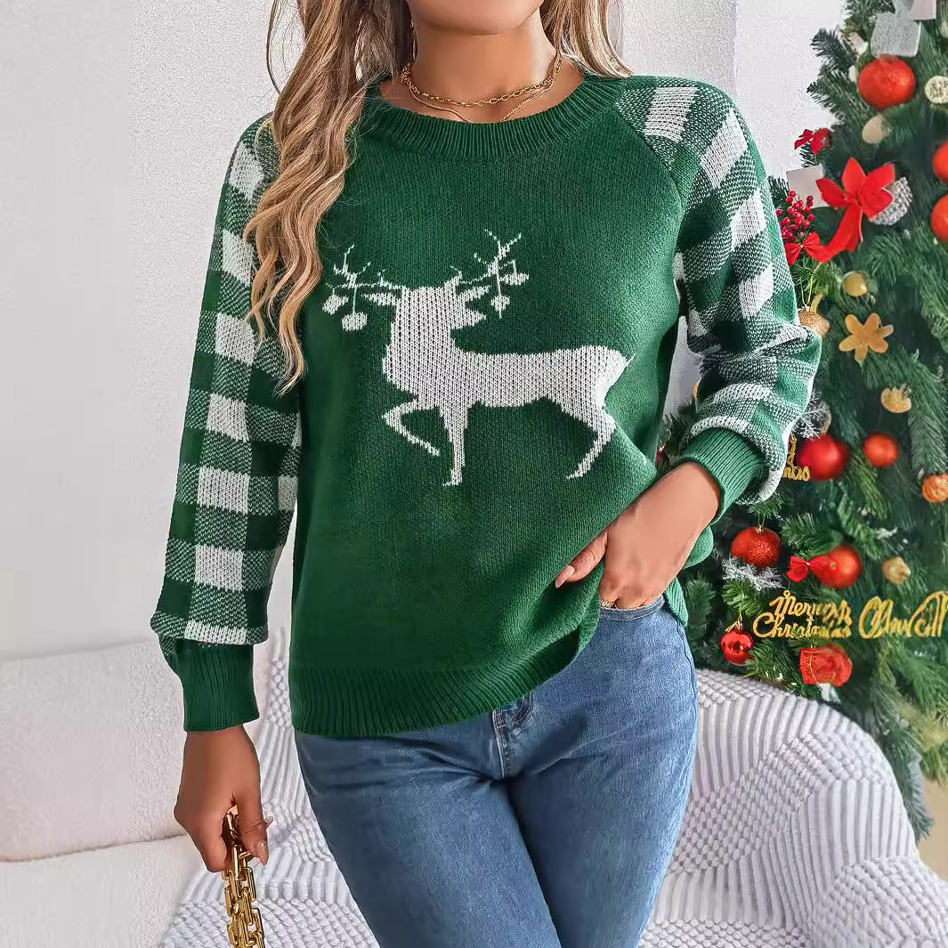 Christmas Women's Casual Plaid Deer Long Sleeve Pullover Sweater Dazzle Frenzy