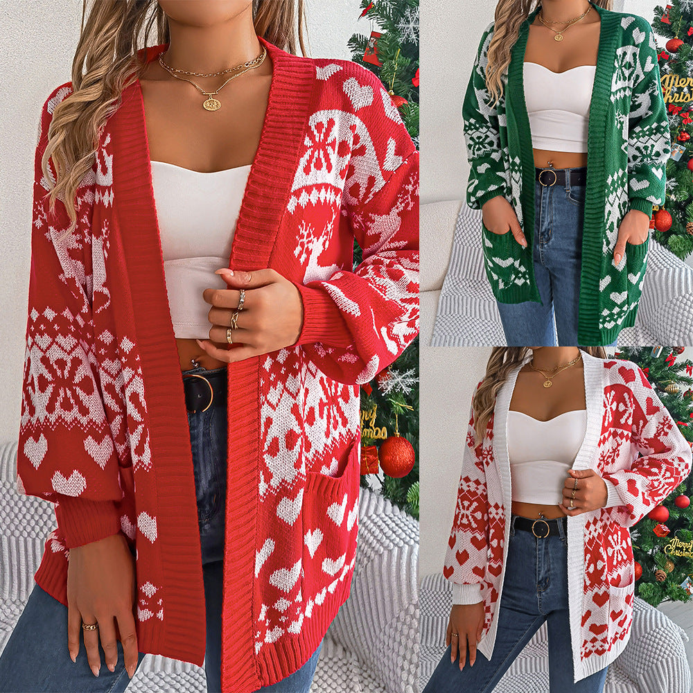 2024 Christmas Clothes Women's Open Front Cardigan Knitwear Lantern Sleeve Xmas Printed Oversized Deer Sweater Pockets Knitted Dazzle Frenzy